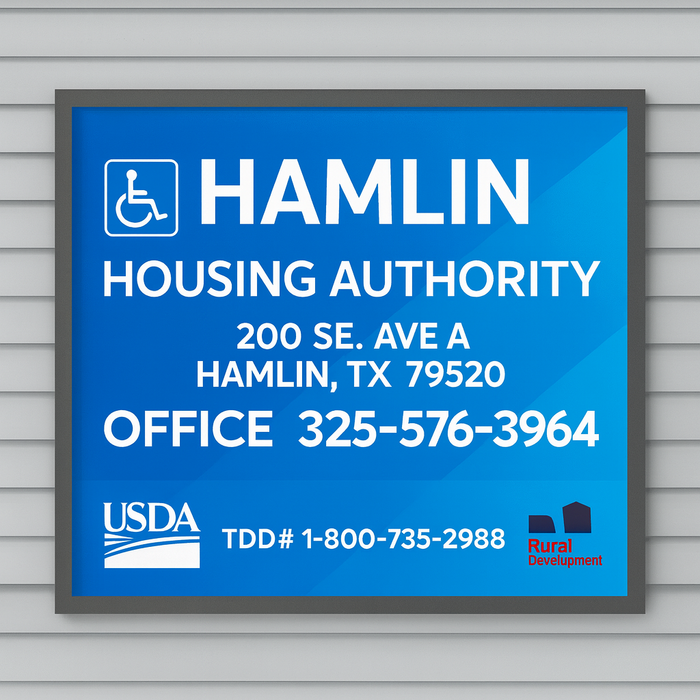 Hamlin Housing Authority office sign: 200 SE Avenue A, Hamlin, TX 79520, Office 325-576-3964